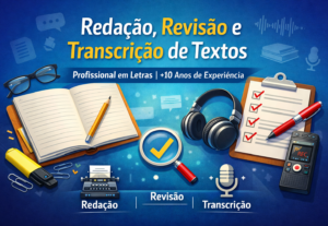 Eu vou fazer redação, transcrição e revisão de textos.