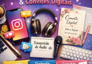 Eu vou fazer legendas, digitação, transcrição e convites.
