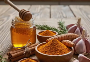 Eu vou mel, canela, cúrcuma e alho
